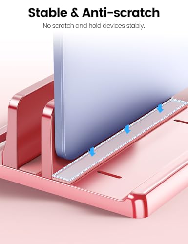 Vaydeer Vertical Laptop Stand for Desk, Dual Slots Plastic Laptop Holder with Space Saving 4-in-1 Design, Adjustable Laptop Stand Supports MacBook, Chromebook, Surface, Dell (Pink Rose) - color: Pink Rose