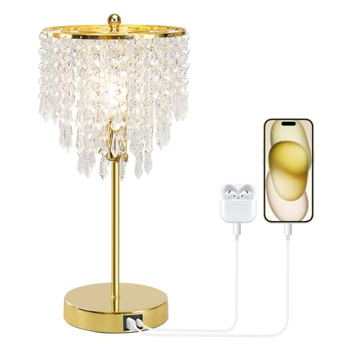 Crystal Table Lamp with USB C+A Ports, 3-Way Dimmable Touch Lamp, Gold Lamp - color: Gold
