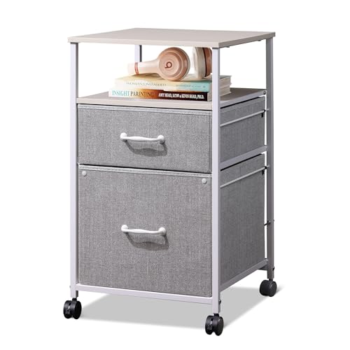 DEVAISE 2 Drawer Mobile File Cabinet with Open Storage Shelf | Rolling Printer Stand, Fabric Vertical Filing Cabinet fits A4 or Letter Size for Home Office, Light Grey - color: Light Grey