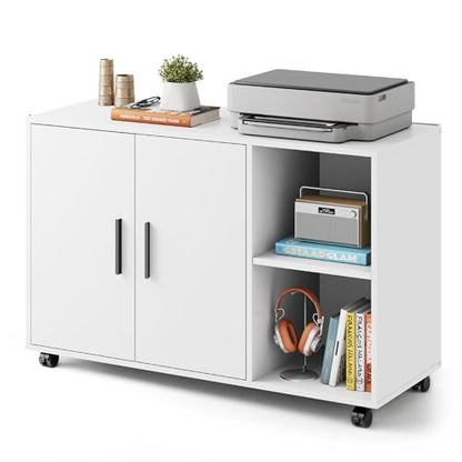 DEVAISE Office Storage Cabinet, Lateral Printer Stand, White | Doors and Shelves, Mobile File Cabinet, Large Office Supplies and Craft Storage - color: White