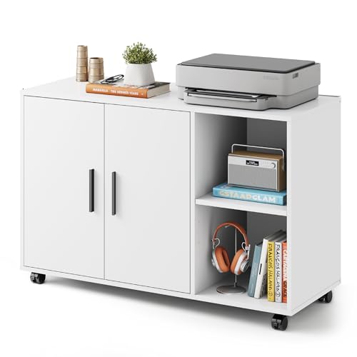 DEVAISE Office File Cabinet, Rolling Printer Stand, White - color: White