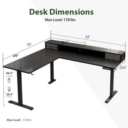 Agilestic 63 Inch L Shaped Electric Standing Desk with Drawer, Black - color: Black, size: 63x55.1 Inch Pro