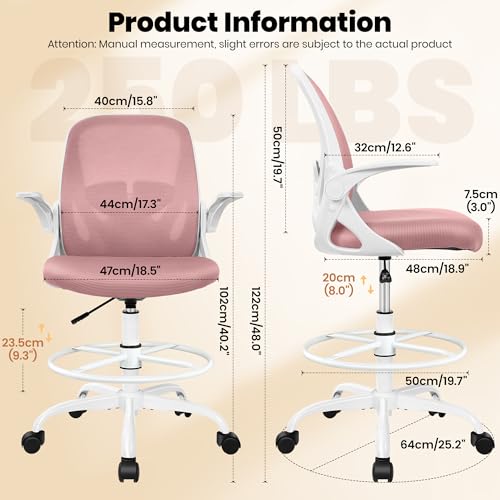 Primy Drafting Chair Tall Office Chair with Flip-up Armrests Executive Ergonomic Computer Standing Desk Chair with Lumbar Support and Adjustable Footrest Ring (Rose Quartz) - color: Rose Quartz, size: 934-Z