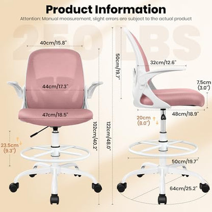 Primy Drafting Chair Tall Office Chair with Flip-up Armrests Executive Ergonomic Computer Standing Desk Chair with Lumbar Support and Adjustable Footrest Ring (Rose Quartz) - color: Rose Quartz, size: 934-Z