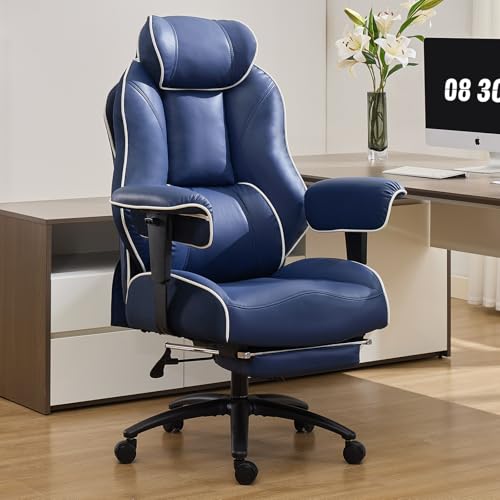 DJ·Wang Big and Tall Office Chair with Foot Rest, High Back Executive Office Chair PU Leather, Ergonomic Chairs with Lumbar Support, 135° Reclining Chairs with Thickened Spring Cushion Blue - color: Pu Blue