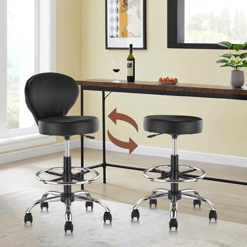 KLASIKA PVC Faux Leather Drafting Chair Rolling Swivel Salon Stool Seat Adjustable Height 30 Inch with Back Support Foot Rest Hydraulic Wide Seat Diameter 15 in for Tattoo Beauty Barber Lash - color: Round Backrest, size: 1PK