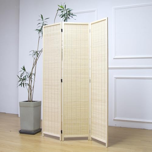 Furnnylane 3 Panel Room Divider and Folding Panel Screen,Bamboo Panel Divider Screen for Room Separation,Beige,67" H x 46" W - color: Beige, size: 3 Panel