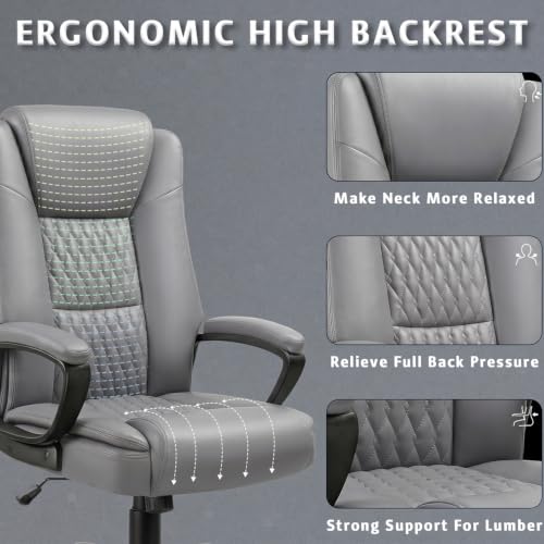 LEMBERI High Back PU Leather Executive Office Chair, Adjustable Swivel Computer Desk Chair with Padded Armrests for Home Office, Grey - color: Grey