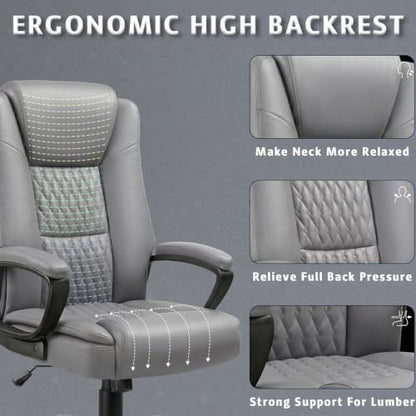 LEMBERI High Back PU Leather Executive Office Chair, Adjustable Swivel Computer Desk Chair with Padded Armrests for Home Office, Grey - color: Grey