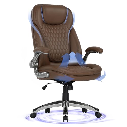 COLAMY Executive Office Chair-Ergonomic Computer Desk Chair, High Back Leather Chair with Padded Flip-up Arms, Swivel Home Office Chair Upgraded Caster, Brown - color: Brown, size: set of 1