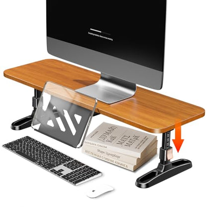 Wooden Monitor Stand Riser for Desk,Adjustable Height Monitor Shelf Riser with Phone Holder,Desk Storage Organizer Accessories,Wood Computer Screen Stands for Office,Home,Laptop,Printer,TV