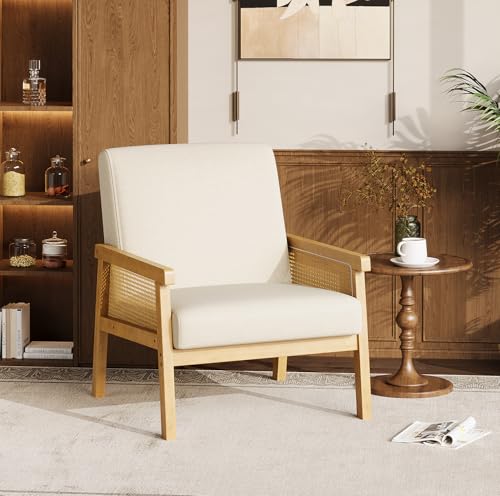 Garvee Linen Accent Chair, Rattan Armchair with Wooden Frame, High Back, Upholstered Reading Chair Leisure Chairs for Living Room Bedroom Waiting Room Reception, Beige - color: Linen, Beige