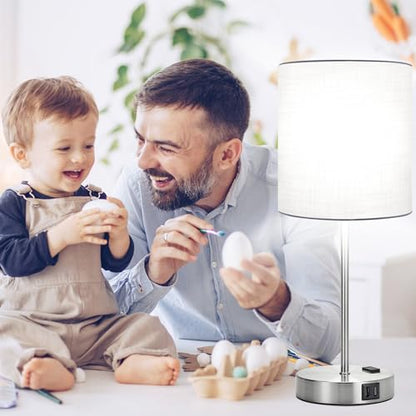 Lynnoland Set of 2 Touch White Table Lamps with 2 USB Ports & AC Outlet, 3-Way Dimmable Bedside Nightstand Lamps for Bedroom Living Room Nursery, 800 Lumens 5000K Daylight Bulbs Included - color: White & Brushed Nickel (Base) - 5000K
