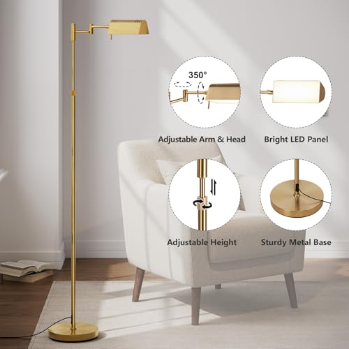 SUNMORY Dimmable LED Pharmacy Floor Lamps, 16W/1500LM Bright Reading Lamp | Remote Touch Control, 350°Swing Arm, Adjustable Height, Task Craft Tall Standing Light for Living Room Bedroom Office, Gold - color: Gold
