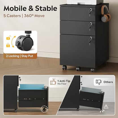 DEVAISE 3 Drawer Wood File Cabinet with Individual Locks, Black - color: Black
