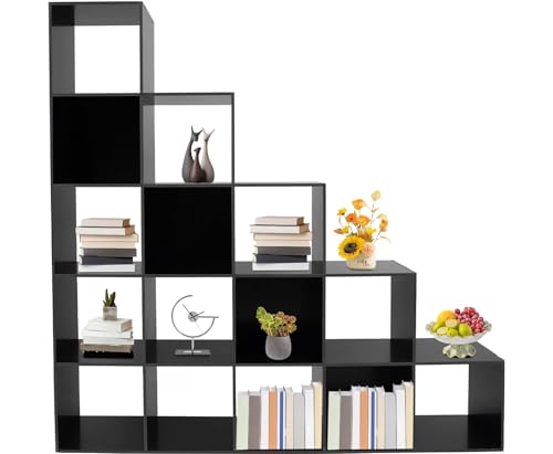 5-Tier Stepped Bookshelf Ladder Cube Storage Cabinet, Black, 15 Cubes - color: Black, size: 15 Cubes