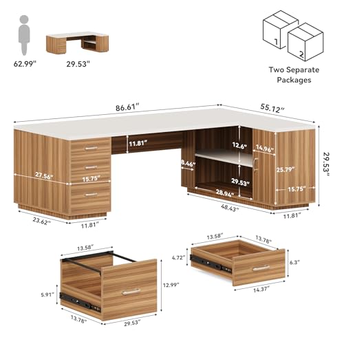 LITTLE TREE 87-Inch Modern Executive Desk with File Cabinet, Large Home Office Desk with Drawers, 3-Drawer Wooden File Cabinet, Spacious Workstation for Home Office (White & Brown) - color: White and Brown