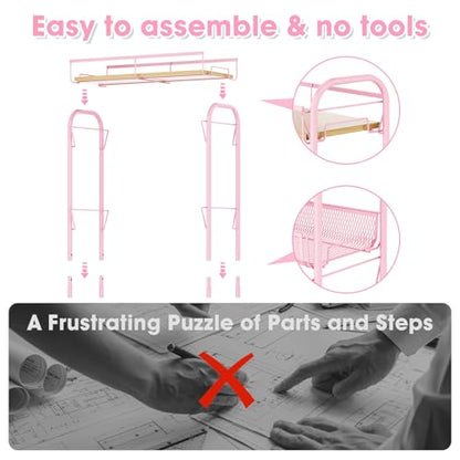 TOOLF 4-Tier Slim Rolling Cart, Metal Storage Cart with Wooden Tabletop and Mesh Baskets for Narrow Space on Kitchen Bathroom Laundry Room Bedroom Apartments Dormitory - size: Slim, style: Pink