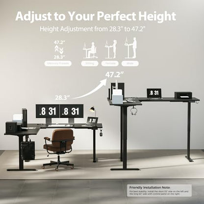 Agilestic 73 x 61 Inch L Shaped Electric Standing Desk, Black - color: Black, size: 73x61 Inch