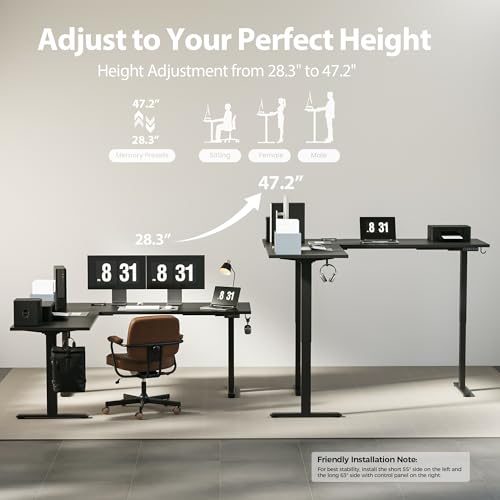 Agilestic 73 x 61 Inch L Shaped Electric Standing Desk, Black - color: Black, size: 73x61 Inch