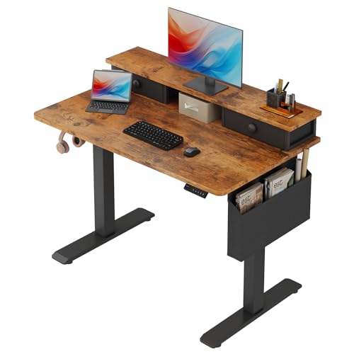 Electric Standing Desk Adjustable Height - 40 Inch Sit Stand Desk with Storage Drawers , Small Standing Desks with Shelf Monitor Stand, Kids Girls Computer Desks for Bedroom Home Office, Rustic Brown - color: Brown, size: 39.4''