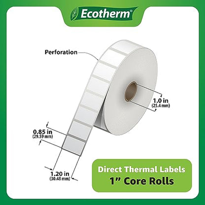 1.2" x .85" Thermal Labels | 6 Rolls | 16260 Labels | fits Zebra, Godex, Arkscan, iDPRT, Offnova Thermal Label Printers and More | Blank White Adhesive Stickers by Ecotherm - size: 1.2 x .85 - 16260 Labels