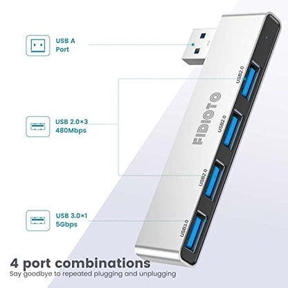 Multi Port USB Hub, Fidioto 4 Port USB Adapter(1 * 3.0 Hub, 3 * 2.0 Hub), USB Hub for Laptop, iMac Pro, MacBook Air, Mac mini/Pro, Notebook PC, USB Flash Drives and Mobile HDD Etc. - color: 4in1-Right-Silver