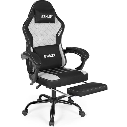 Gaming Chair, Ergonomic Computer Chair with Footrest and Lumbar Support, Height Adjustable Office Chair with 360° Swivel Seat and Headrest - color: Black & Light Gray