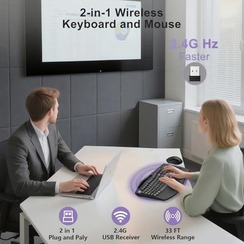 Wireless Keyboard and Mouse Combo, Full Size Ergonomic Wave Keys(Purple-B) - color: Purple Black