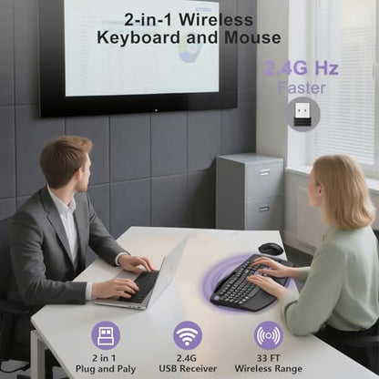 Wireless Keyboard and Mouse Combo, Full Size Ergonomic Wave Keys(Purple-B) - color: Purple Black
