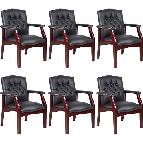 Black Leather Office Chairs Set of 6, High Back Ergonomic Executive Guest Chairs for Reception, Multi-Scene Use (Waiting Room, Meeting, Conference, Lobby, Conference, Church) No Wheels with Arm Design - color: 6 Unit