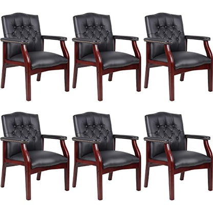 Black Leather Office Chairs Set of 6, High Back Ergonomic Executive Guest Chairs for Reception, Multi-Scene Use (Waiting Room, Meeting, Conference, Lobby, Conference, Church) No Wheels with Arm Design - color: 6 Unit