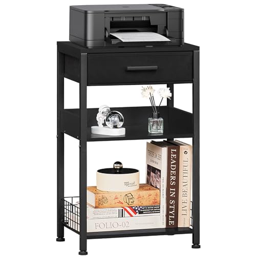 Lerliuo 3-Tier Printer Stand with Fabric Drawer and Shelves, Pure Black | Three-tier printer stand with fabric drawer and two shelves for paper, office supplies, scanners and fax machines - color: Pure Black
