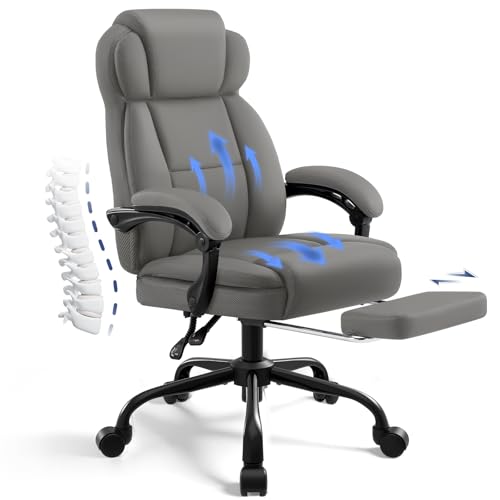 Ergonomic Office Chair with Footrest,PU Leather Executive Desk Chair Padded Linkage Armrests,Lumbar Support,Swivel Computer Chair for Home Office & Gaming,Gray - color: Grey