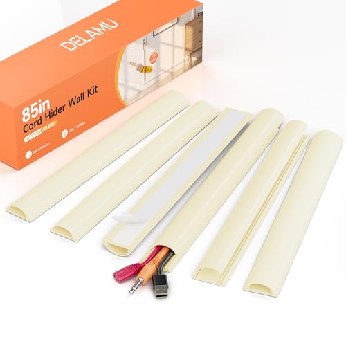 Delamu 85in Adhesive Cord Hider Wall, Mounted TV Cord Cover Kit, Multiple Cable Raceways for Wall Corner, Wire Cover Hiders for 2-3 Cables, 1.57" W X 0.59" H, Beige - color: Beige, size: 85in L X 1.57in W X 0.59in H