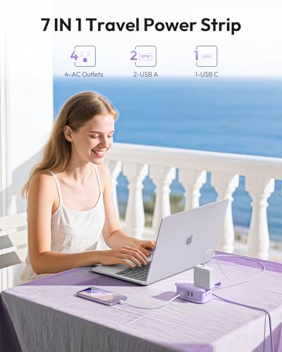 NTONPOWER 20W Purple Travel Power Strip, Travel Essentials 4 Outlets 3 USB(1 USB-C) with 4FT Wrapped Extension Cord Flat Plug, Vacation Essentials for Hotel Travel Camping Cruise Essentials 2026 - size: 1 Pack 4 Outlets 1 USB-C 2 USB-A, style: 20W-Purple