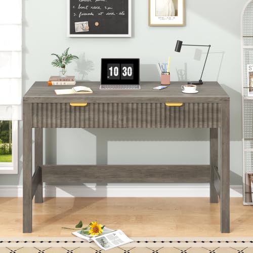 39 Inch Small Fluted Computer Desk with 2 Drawers for Bedroom, Home Office - color: Grey, size: 39 Inch Desk