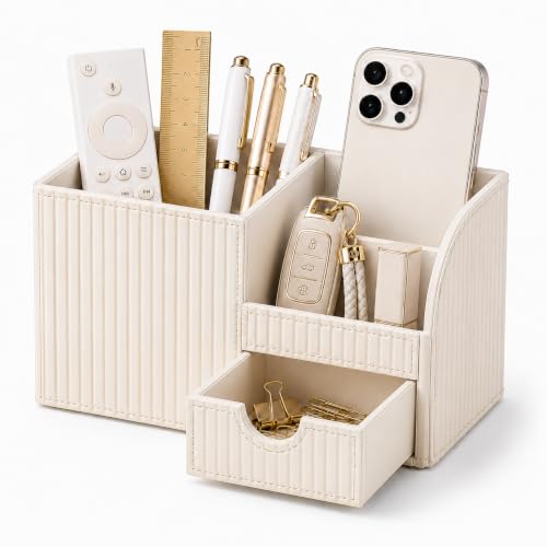 Luxury PU Leather Desk Organizer with Drawer, Modern Aesthetic Office Desk Accessories for Women, Multi-Compartment Pen Holder & Desktop Storage Organizer for Home Office, Cream White - color: Cream White