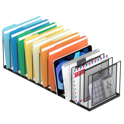 File Organizer For Desk, 11 Section Metal Desk File Sorter, Black | Desk file organizer, connectable 11 section design, 2.17 in spacing, vertical folder storage for home office and classroom - color: Black, size: 11 Section