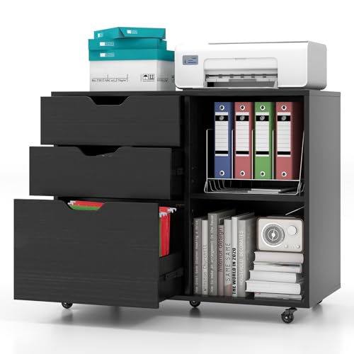 Mobile 3-Drawer File Cabinet, Rolling Lateral Filing Cabinet (Black) | Printer Stand Cabinet | Adjustable Shelf | Lockable Wheels | For Letter, A4, Legal Size | For Home Office Organization - color: Black