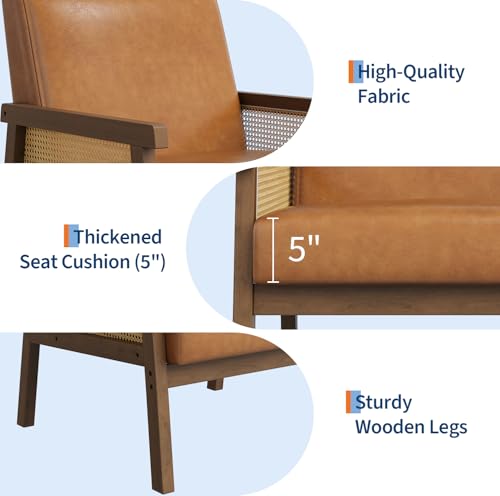 Garvee PU Leather Accent Chair, Rattan Armchair with Wooden Frame, High Back, Upholstered Reading Chair Leisure Chairs for Living Room Bedroom Waiting Room Reception, Brown - color: Pu Leather, Brown