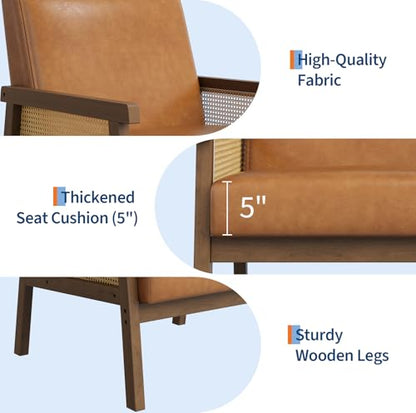 Garvee PU Leather Accent Chair, Rattan Armchair with Wooden Frame, High Back, Upholstered Reading Chair Leisure Chairs for Living Room Bedroom Waiting Room Reception, Brown - color: Pu Leather, Brown