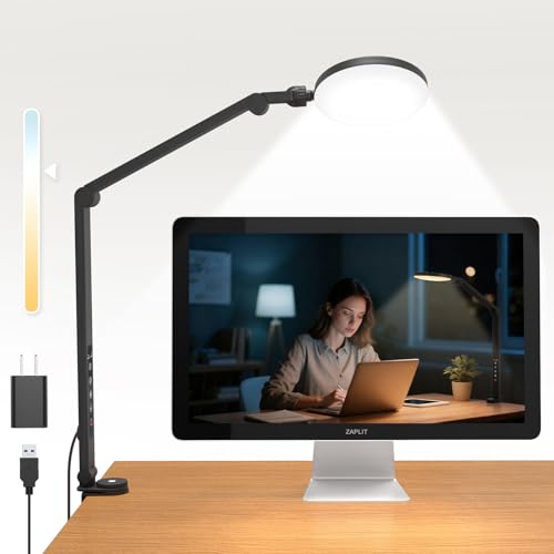 Desk Lamp, ZAPLIT 10W LED Desk Light with Clamp & Adjustable Arm for Home Office, Touch Control Eye-Care Light for Reading with 5 Color Temps (1700K-6000K) & 10 Brightness, Timer, USB Adapter Included - size: 10W – USB Adapter