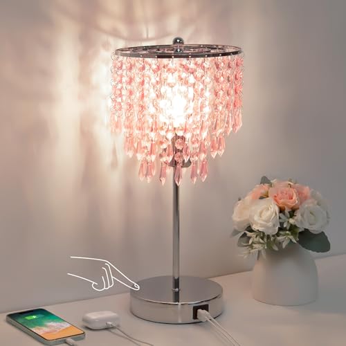 Touch Bedside Lamp with USB C+A Ports, Silver with Pink Crystal Shade - color: Pink