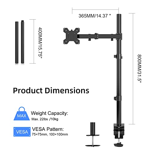 Suptek Single Monitor Arm Desk Mount Fully Adjustable Monitor Stand for 1 / One Screen up to 32 inch Extra Tall 31.5 inch Pole,Black (MD6821) - color: Black, size: 31.5" Tall