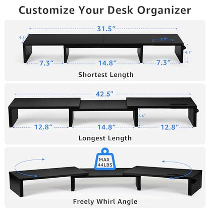 La Jaco Dual Monitor Stand Riser for 2 Monitors, Monitor Stand for Desk, Adjustable Length & Swivel Angle Wooden Desktop Organizer Stand Riser with Smartphone Holder for PC Monitor Laptop, Black