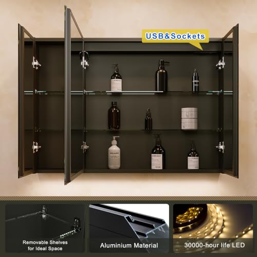 40*28 inch Three-door Aluminum LED Lighted Bathroom Medicine Mirror Cabinet | Light Adjustable, Sockets & USBs inside, Anti-Fog, Easy to Install - color: 40*28 Three-door