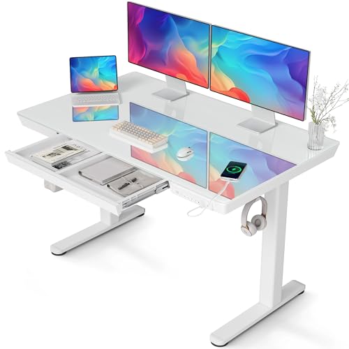 Claiks Glass Standing Desk with Drawers & USB Ports 48x24 Inch, White - color: Super White Glass, size: 48 inch