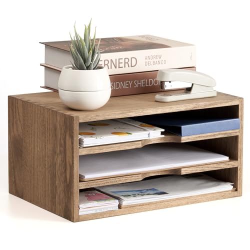 KIRIGEN Wooden Desk Organizer 3-Tier Letter Tray and Paper Sorter, Brown | Solid Wood Paper Tray Document Holder Organizer for Letters, Files, Folders, Mail, Magazines and Office Supplies - color: Dark Brown, size: 3 layer-0 drawers