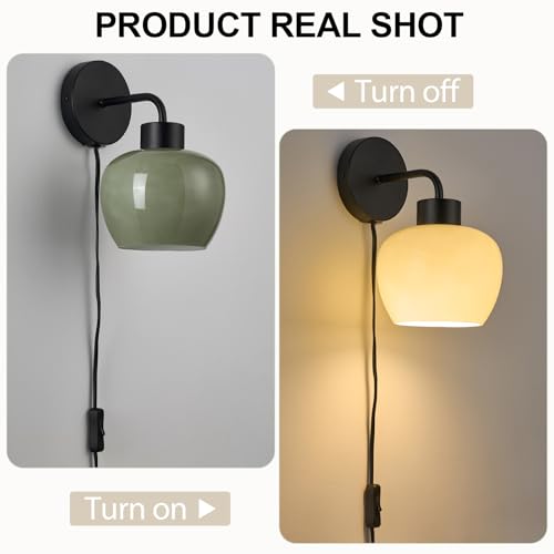Modern Wall Sconces, Olive Green Milk Glass, Matte Black Finish | Plug-in Wall Lamp, Industrial Boho Lighting, For Bedroom, For Living Room - color: Matte Black+Glass Lampshade